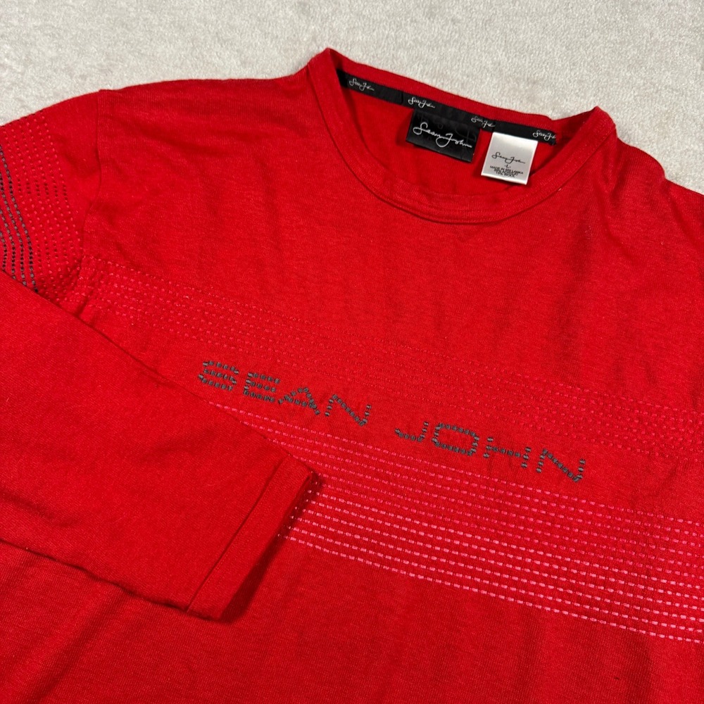 Sean John Knit Shirt Mens Large Red Long Sleeve Wool Blend Textured Stripe Logo